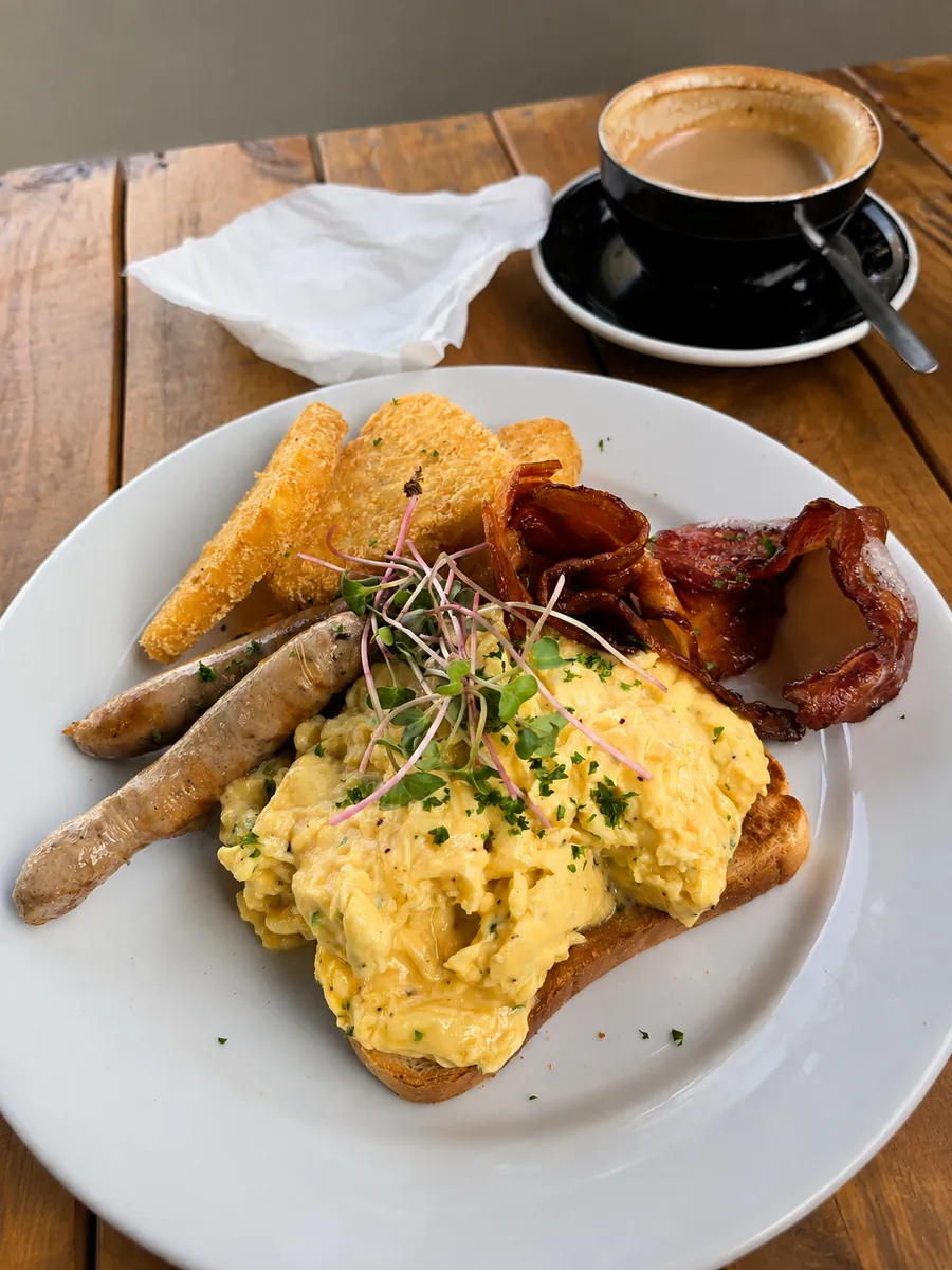 A cooked breakfast with eggs, bacon, sausages, toast and coffee