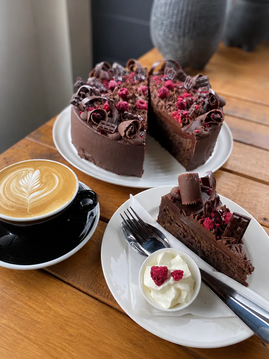 Chocolate cake, a plated slice with cream, and a cup of coffee