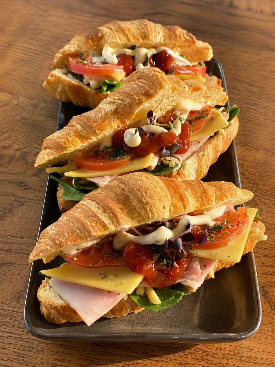 Croissant sandwiches with tomato, cheese and greens