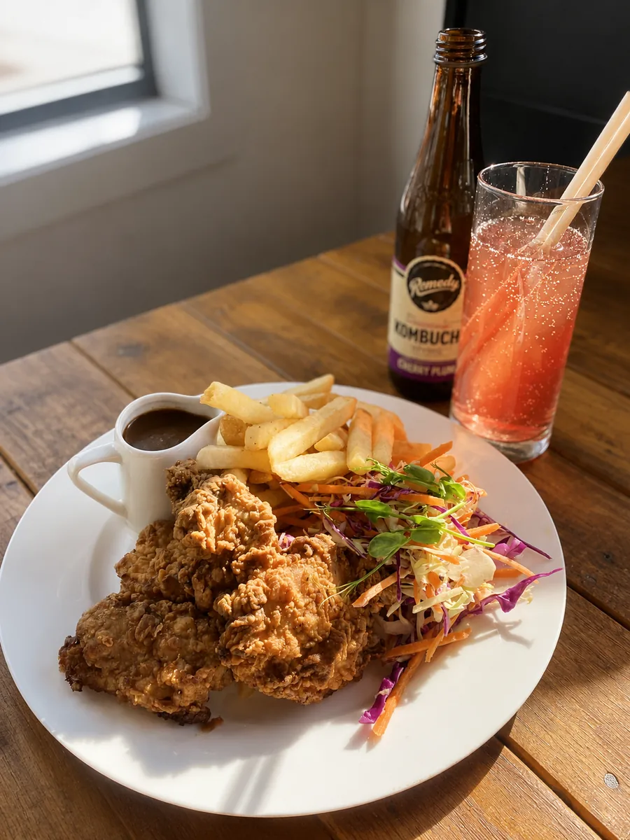 Crispy fried chicken with fries, slaw and a sparkling drink